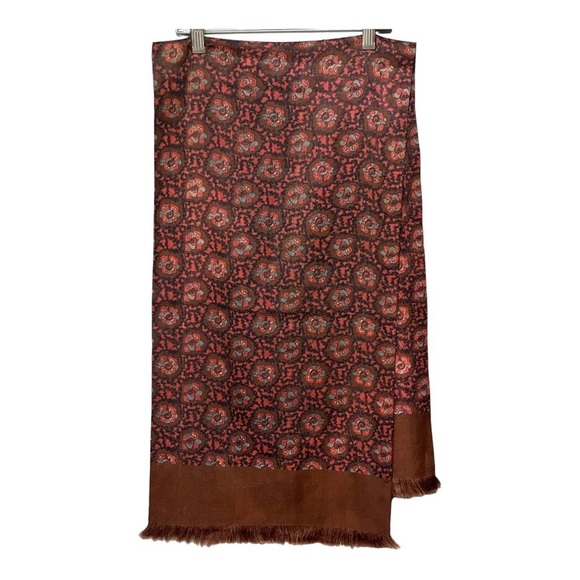 Hand Made Pure Silk Scarf Blocked Paisley Printed Brown Fringe Imported Soft OS - Picture 3 of 6